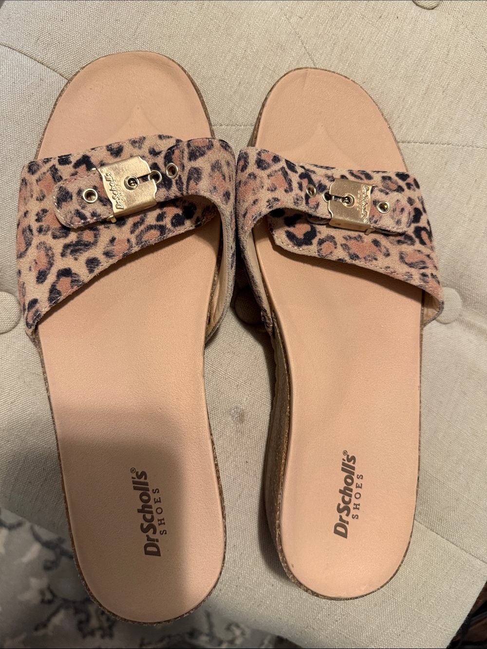 Dr. Scholl's Leopard Print Slide Sandals with Gold Buckle- NWOT